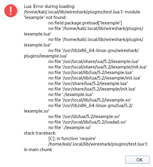 Wireshark error message: module ’lexample’ not found